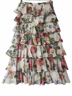 Alix‎ of Bohemia Tasha Rose Floral Ruffle Tiered Midi Skirt Small Cottagecore